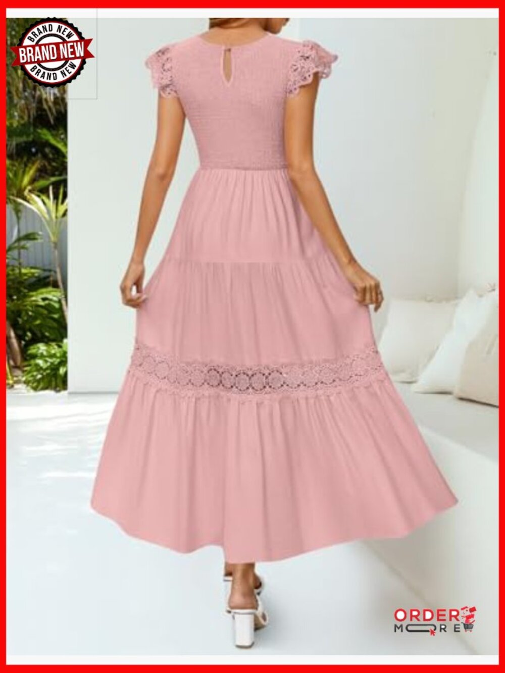 Flowy Midi Dress with Flutter Sleeves and Smocked Waist - Picture 4 of 7